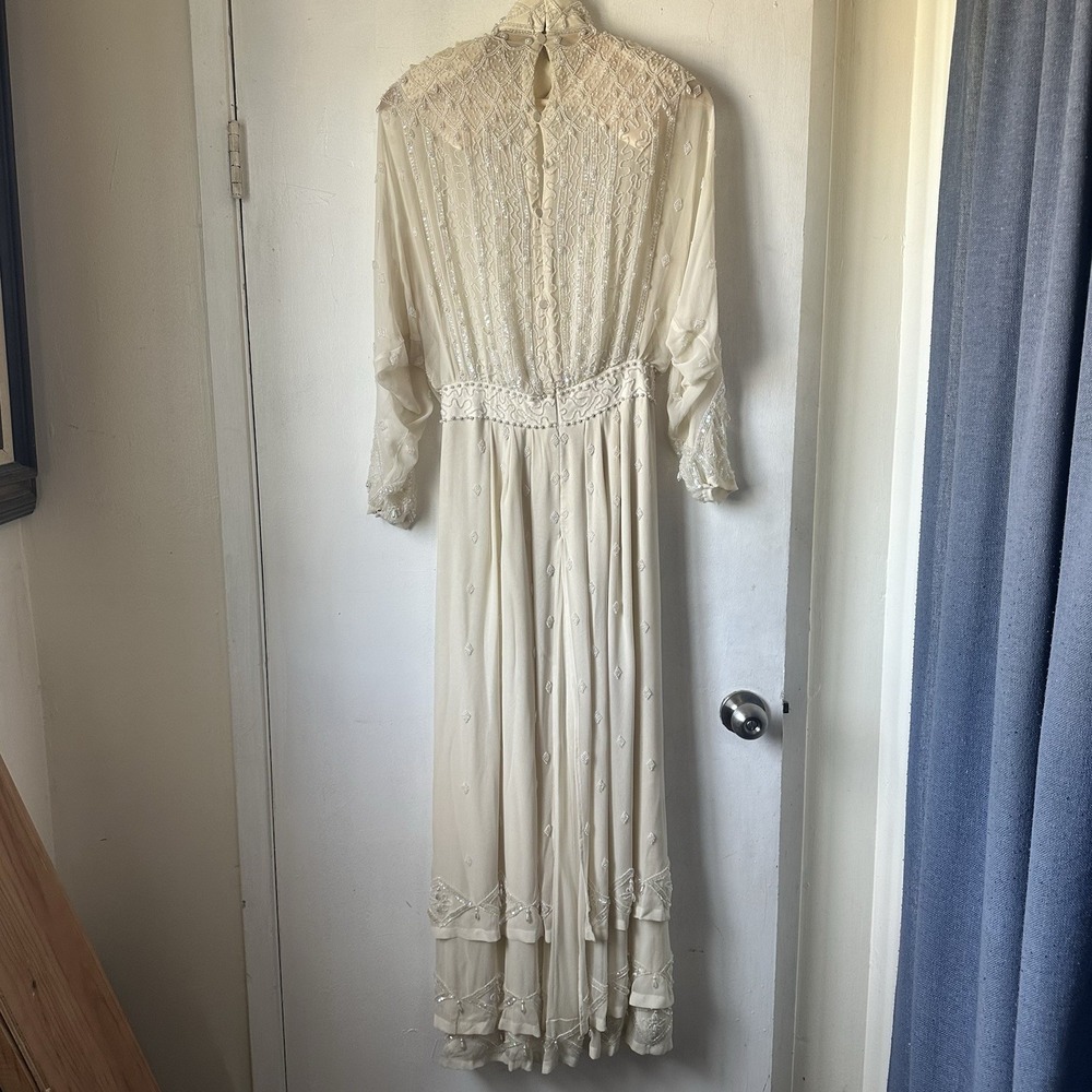 1980s Edwardian Style Heavily Beaded Lillie Ruben Silk Wedding Formal Gown Small - Picture 4 of 16